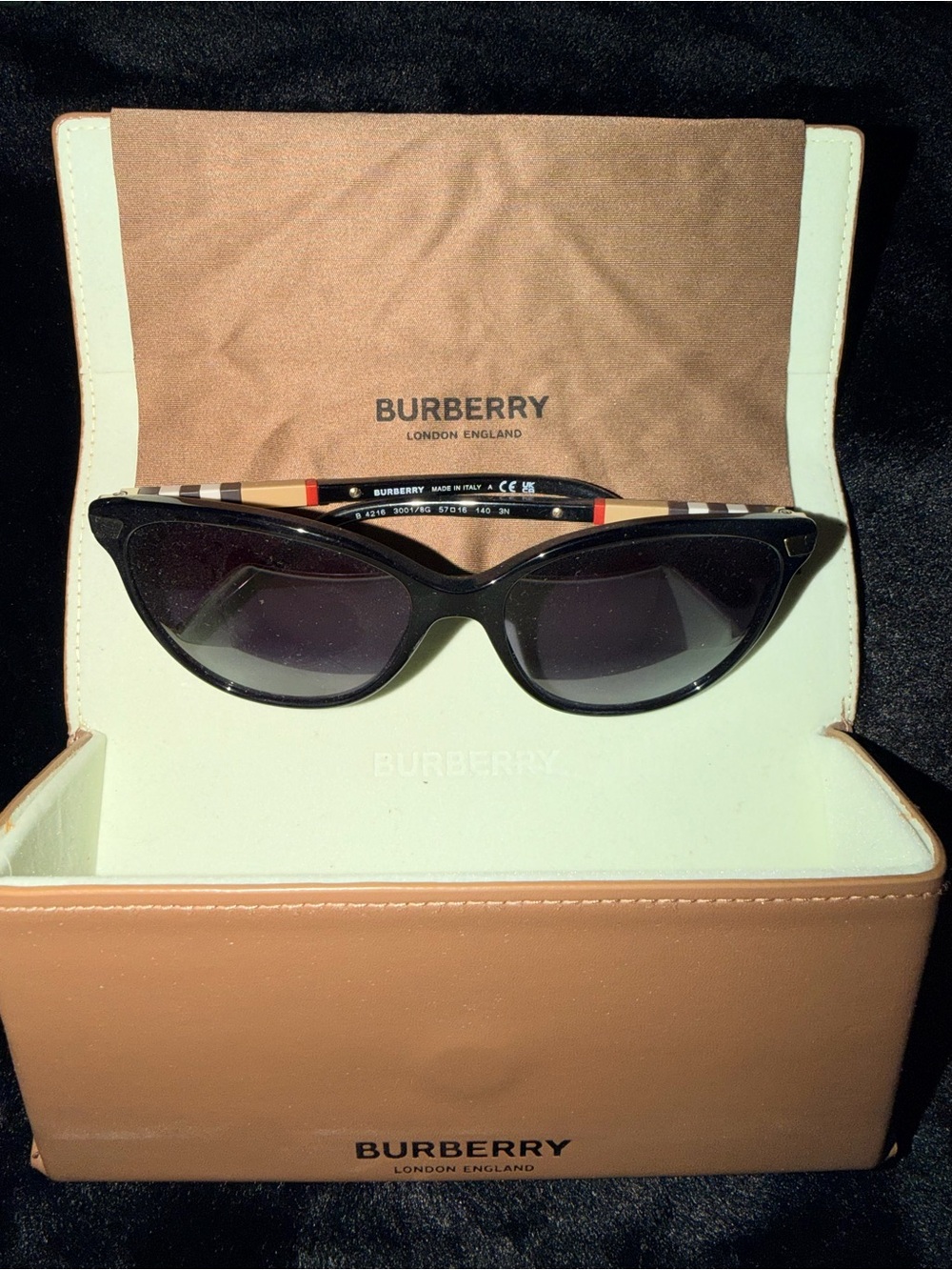 Burberry Black Cat-Eye Sunglasses with Signature Check Temples